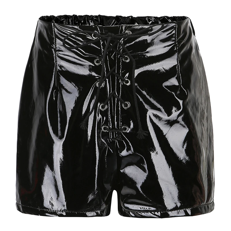 Lencería de cuero para mujer, pantalones cortos de látex con cordón frontal, Body de talla grande, falda de cintura alta, vestido elástico, Romance caliente|Pantalones| - AliExpress