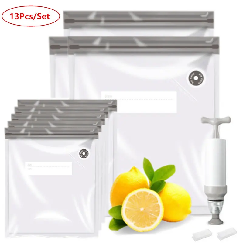 

13Pcs/Set Gray Bag Kits Reusable Food Vacuum Seal Bags With Hand Pump Bag Sealing Clips Food Wrap For Food Storage Freezing