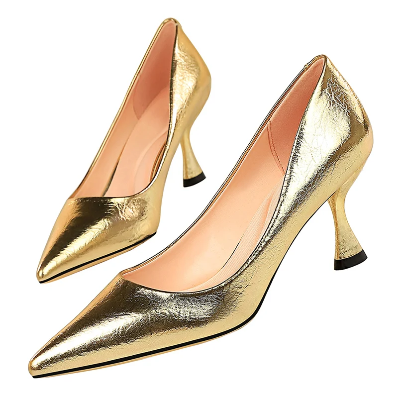 

2019 Women 7cm High Heels Blue Pumps Plus Size 10.5 Pointed Toe Glossy Luxury Lady Shoes Low Heels Scarpins Gold Office Pumps