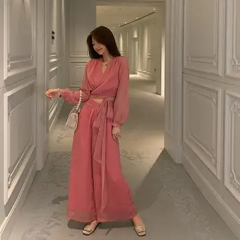 

Spring 2 Peice Set Women Elegant Pants Sets Female Casual Outfits Chiffon Two Piece Set Korean Sexy Pink Bow Suit Conjunto F26