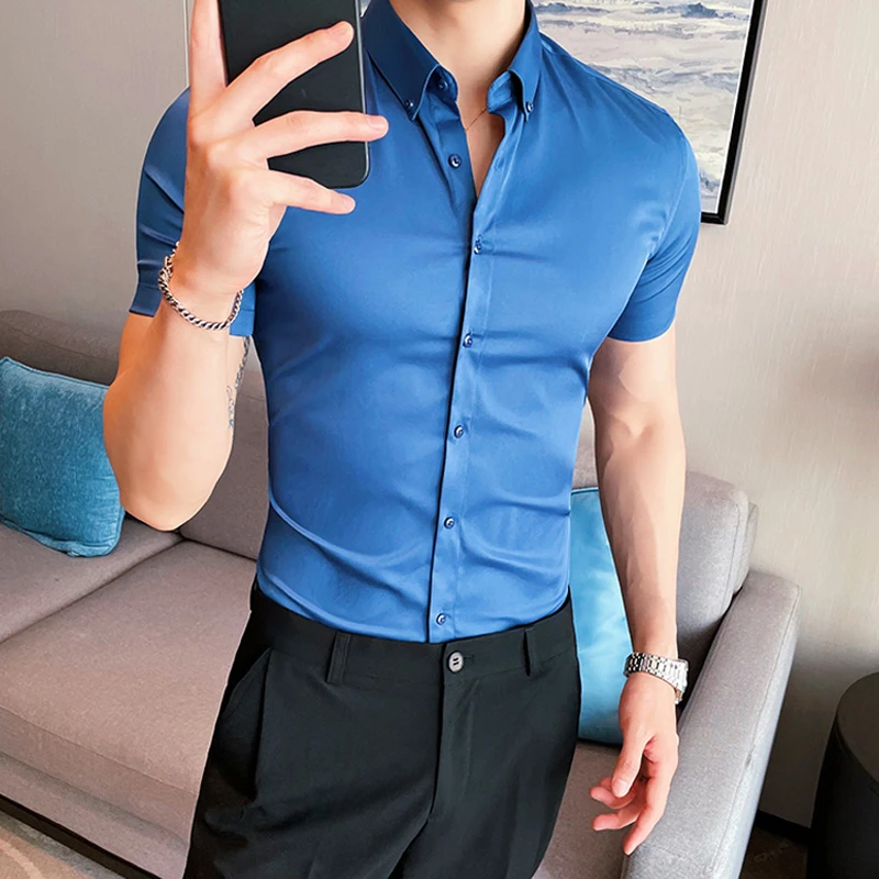 Camisa de diseño ajustado para hombre, blusa básica informal manga corta con botones, clásicos, novedad de verano 2022|Camisas informales| - AliExpress