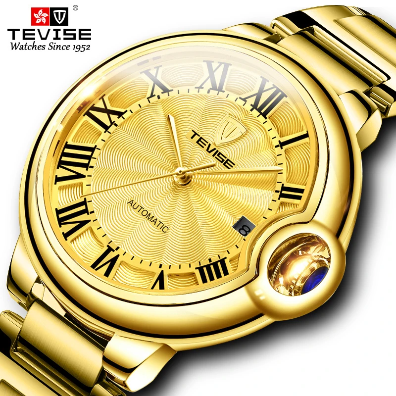 

TTop Brand Tevise Gold Unique Fashion Men's Automatic Mechanical Watch Stainless Steel Waterproof Watch Relogio Masculino