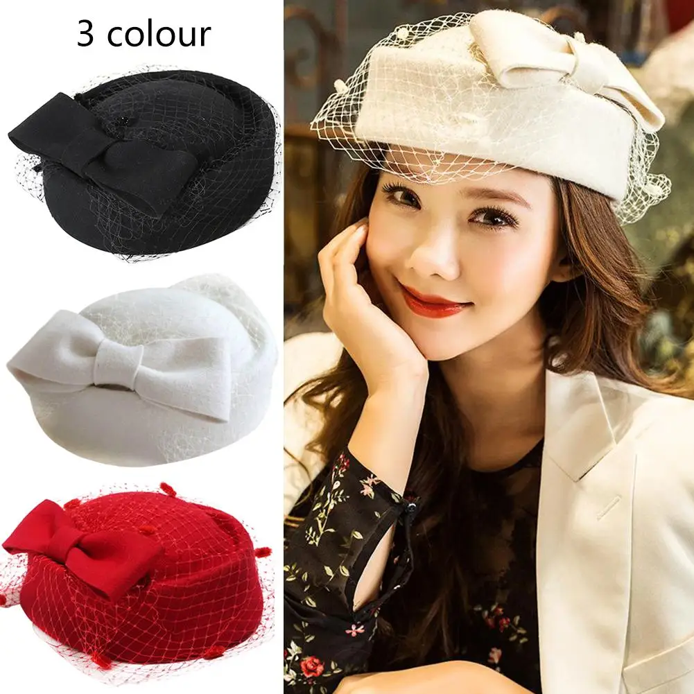 

Elegant British Retro Bow Mesh Wool Wool Airline Stewardess Hat Small Hat Ladies Casual Decorative Cap Beret Stewardess Beret #D