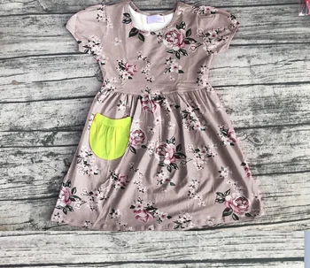 

spring/winter hot sale girls puff ruffle boutique pink floral dress children clothes kid wear 100cotton knee length with pocket