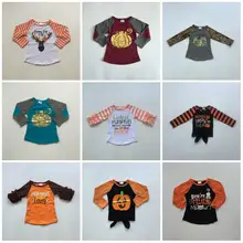 Футболки с маркой бутика для маленьких девочек на Хеллоуин; сезон осень; jade/серый хлопковый топ в полоску с тыквой; Детские футболки с длинными рукавами