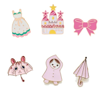 

Pink Women Cute Brooches Enamel Pins Badge Little Girl Skirts Castle Bow-knot Umbrella Clothes Lapel Pin Bag Button Jewelry Gift