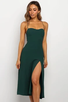 

Sexy Sleeveless Sling Dresses Women Green Vintage Open Back Lace Up Party Beach Collar Slit Pencil A-Line Long Dress