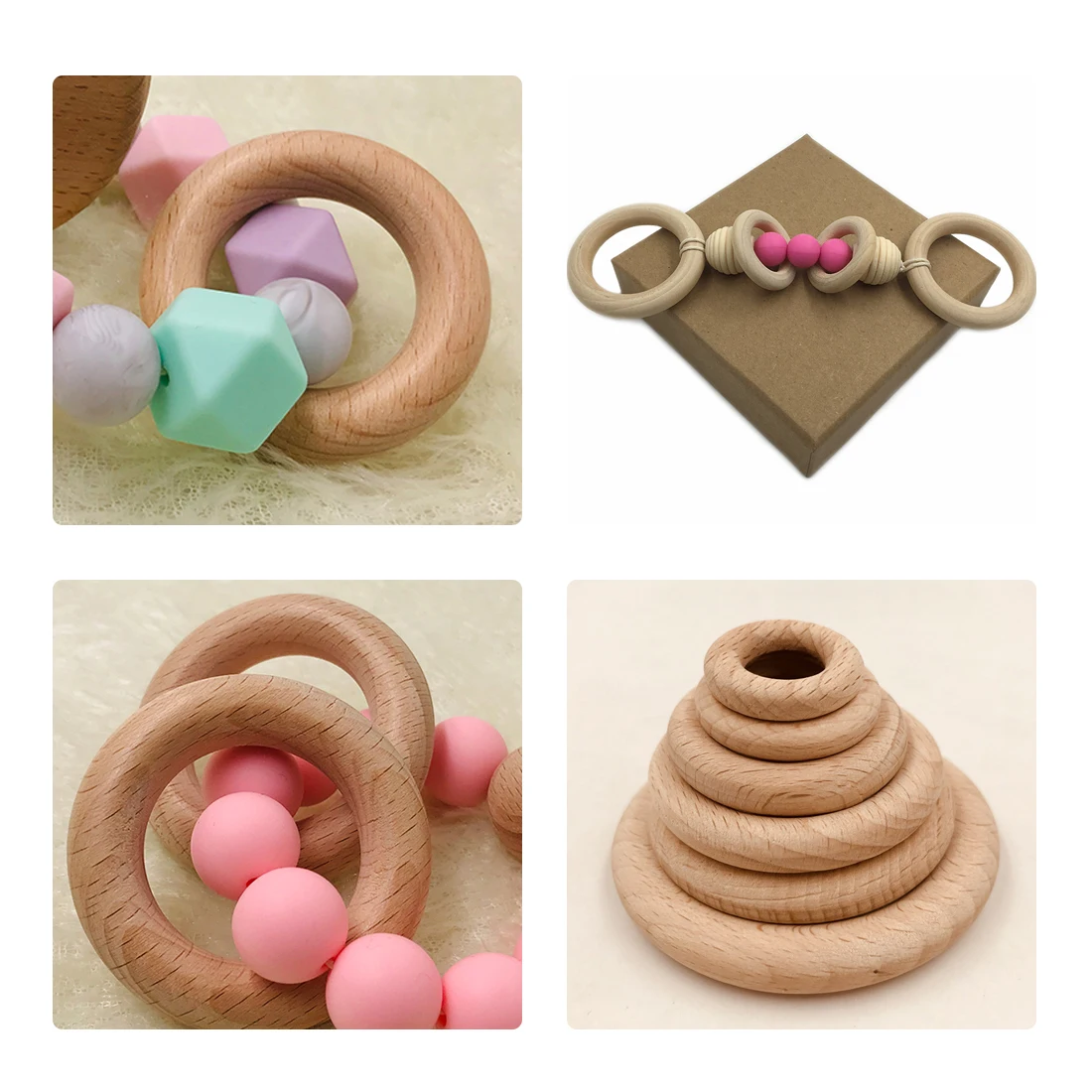25mm-68mm Natural Wooden Baby Teething Rings Infant Teether Toy Necklace Bracelet For 3-12 Month Infants Tooth Care Products
