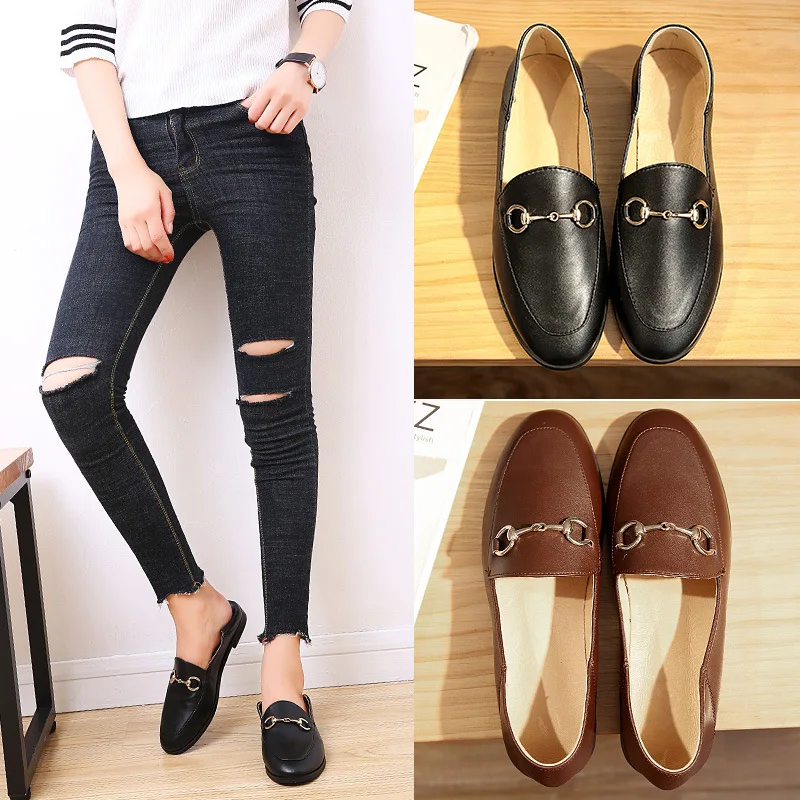 

2019 Spring New Style Shoes Women's England Retro Flat Heel Slip-on Double Purpose Small Leather Shoes