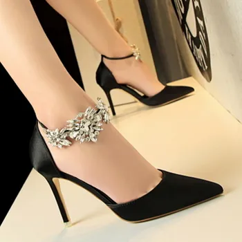 

Elegant Rhinestone High Heels Women Pumps Silk Pointed Toe Wedding Shoes Women Buckle Strap Crystal Party Shoes Women pumps