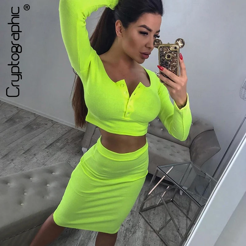 

Cryptographic Fashion Two Piece Set Women Solid Button Cropped Tops and Knee Skirt Knit Suit Autumn Winter 2019 Neon Match Sets