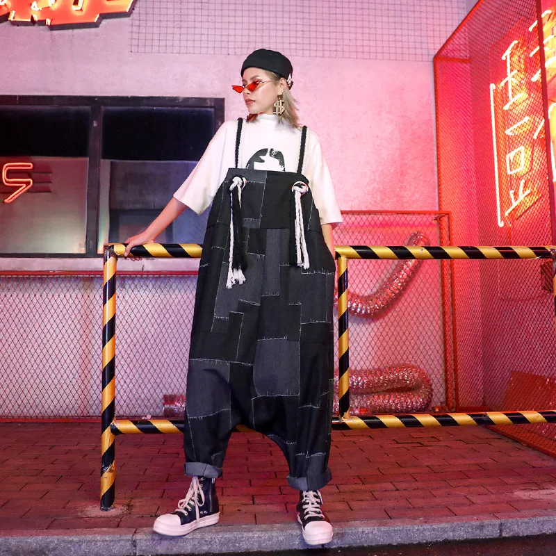 

Women Oversized Loose Wide Leg Jeans BIb Denim Pants Overalls Female Streetwear Hip Hop Punk Gothic Suspenders Cross Trousers