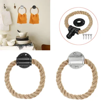 

Vintage Towel Rack Ring Industrial Style Wall Mount Towel Holder Iron Pipe Hemp Rope Bathroom Toilet Home Hotels Decoration