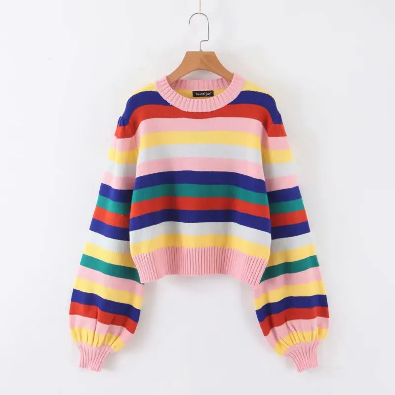 Новинка зимы 2019 Женский вязаный свитер в полоску с рукавами фонариками Радужный