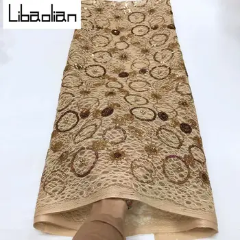 

French African Dual net Lace Fabric Guipure Sequined Beaded Cotton Cord Tulle Nigerian Tissu Mesh India Lace For Wedding Dress Z