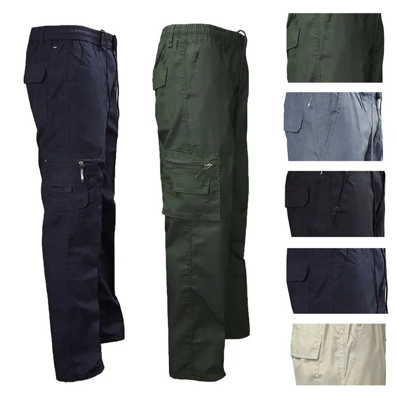 Men Cargo Pants Solid Color Slim Fit Elastic Pocket