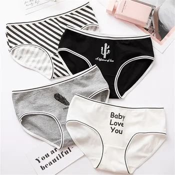 

Fashion Young Girl Student Undeawear Women Cartoon Cotton Panties Black White Soft Cute Mid-Rise Briefs Lingerie