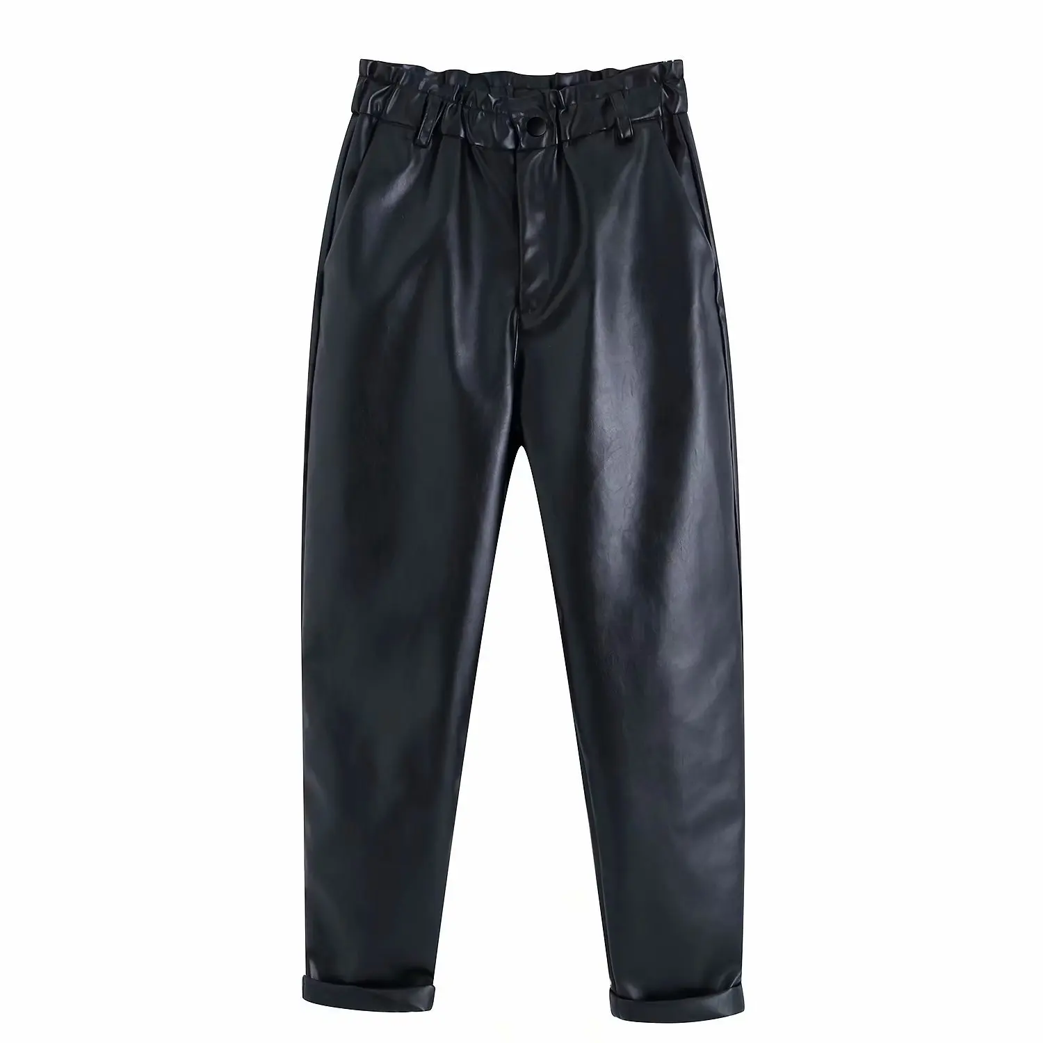 Black HOUZHOU Pu Leather Pants Women Ankle-Length High Waisted Pants Pockets Loose Solid Harem Pants for Women Streetwear Trousers - Цвет: Black