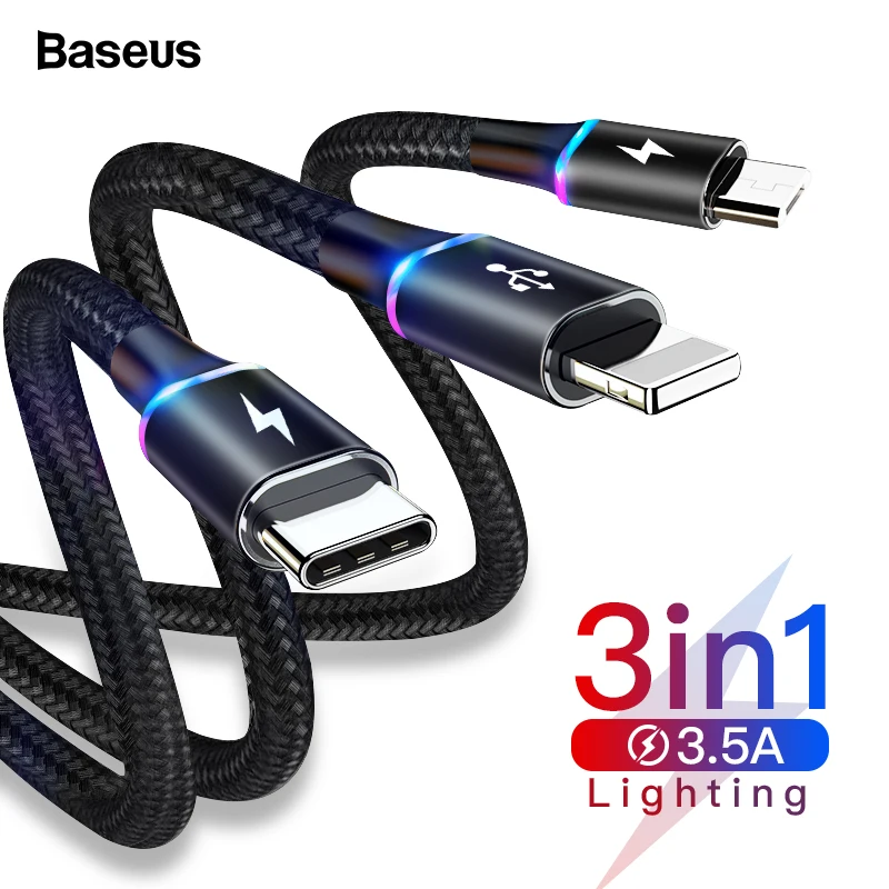 

Baseus 3 in 1 USB Cable for iPhone LED 3in1 Multi Micro USB Type C Cable For Samsung S10 Mobile Phone Fast Charging Charger Cord