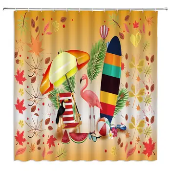 

Exotic Style Shower Curtain,Tropical Flamingo Leaves Parasol Surfboard Stule Collection Fabric Bathroom Decor,Hooks Included,