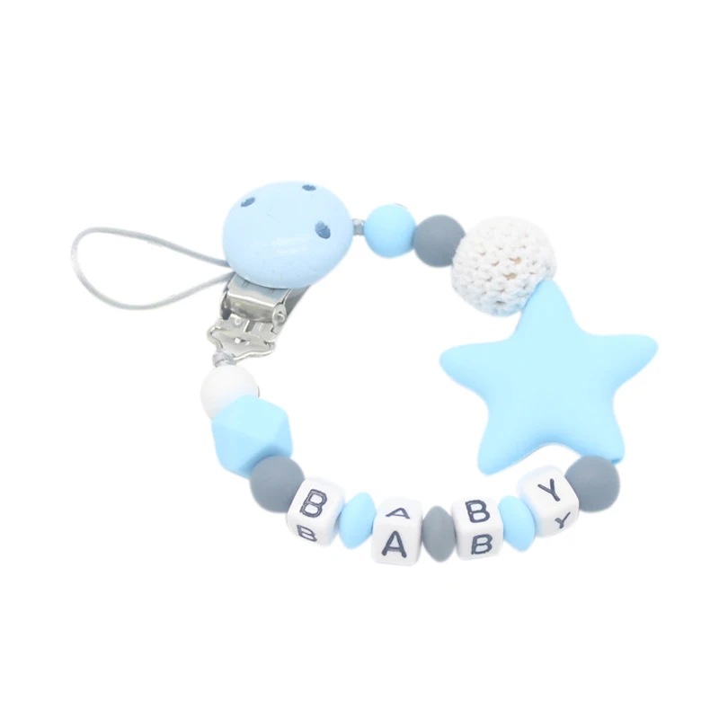 Blue Детская Соска с зажимом и цепочкой, милые пять звездочек, Силиконовые бусы для прорезывания зубов, соска с зажимом, соска-пустышка, жевательные игрушки, противоскользящие цепочки для малышей, Fe - Цвет: Blue