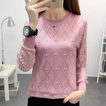 

2020 Spring Women Knitted Pullover Tops With Lace Sleeve Long Sleeve Female Pull Jumper O-Neck Ladies Knitwear Top Femme