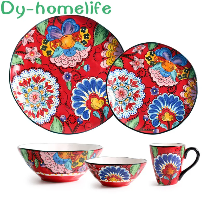 

Japanese Creative Ceramic Tableware Set Wedding New House Gift Festive Steak Plate Salad Bowl Mug Chinese Style
