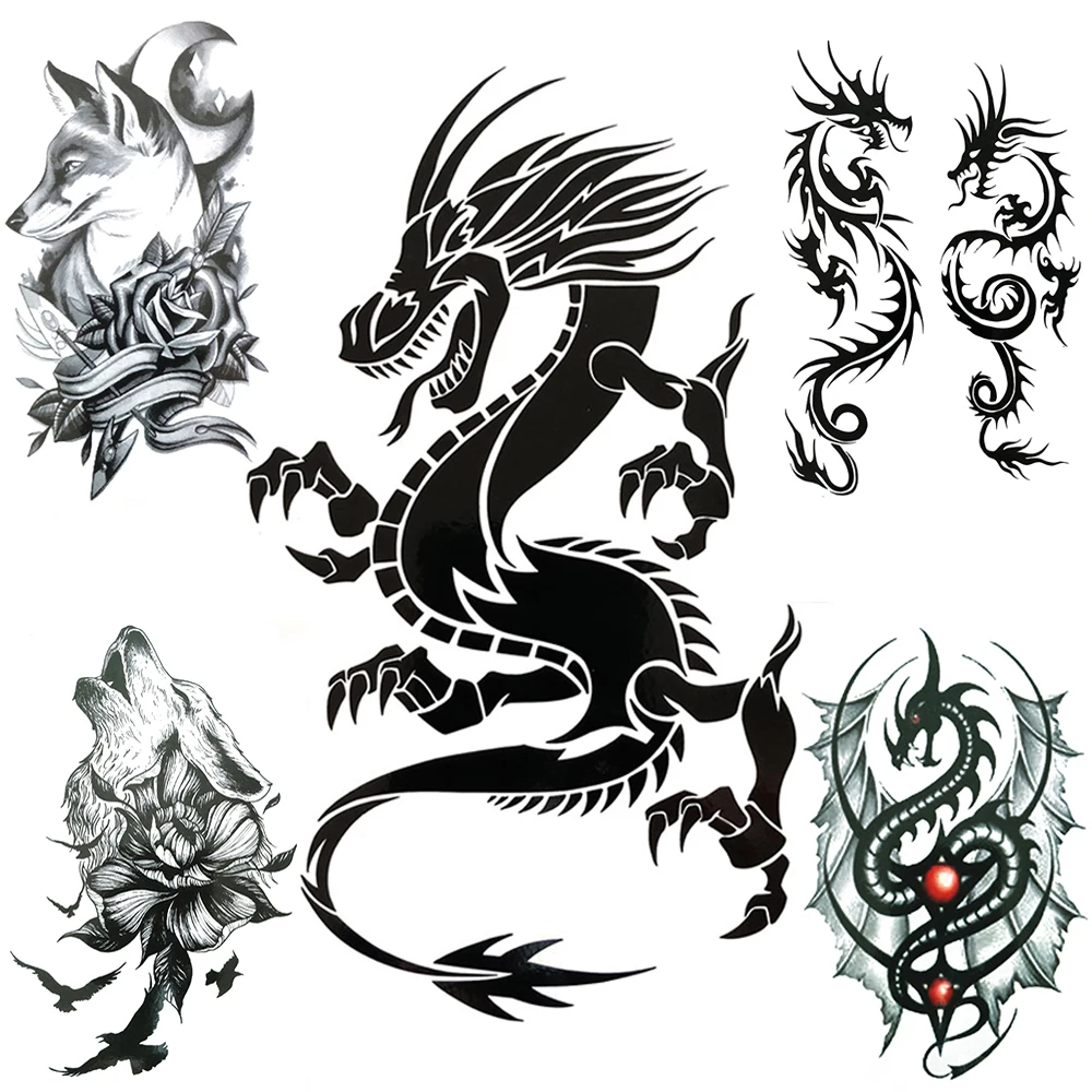 

Black Dragon Fake Temporary Tattoos For Men Women Wolf Flower Tattoo Sticker Wings Creative Coyote Water Transfer Tatoo Arm Hand