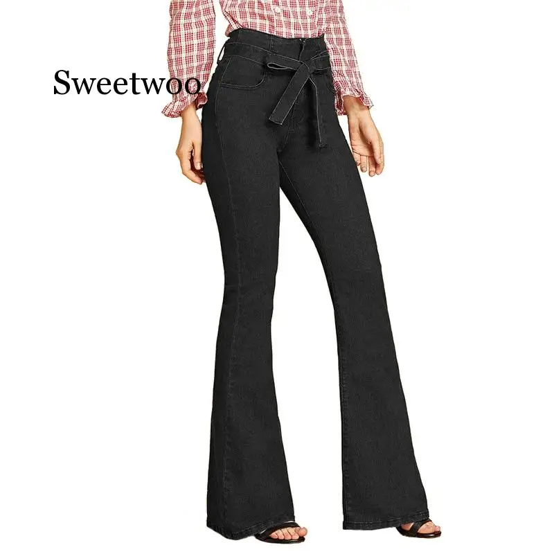 blue Tie Waist Flare Jeans Women Slim Denim Trousers 2020 spring High Waist Pants Belted Stretchy wide leg jeans
