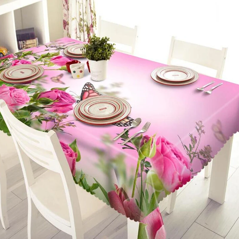 Modern Tablecloth 3d Rose Flower Butterfly Pattern Polyester Dustproof Waterproof Rectangular And Round Table Cloth | Дом и сад