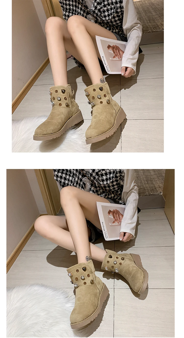 Winter Women Suede Plush Lining Ankle Fur Platform Snow Boots Flat With Black/Brown Rivet Emu Boots Fashion Cotton Shoes