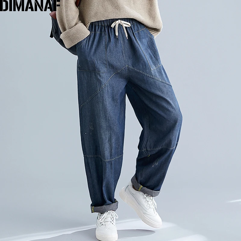 DIMANAF осень зима размера плюс женские брюки винтажные джинсовые толстые сплайсированные Свободные Брюки Панталоны женские джинсы брюки больше размера