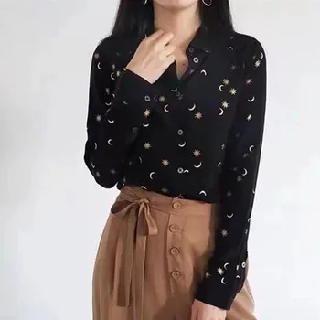 

Women's Star and Moon Print Blouse Turn-down Collar Long Sleeve Casual Shirt 2020 New