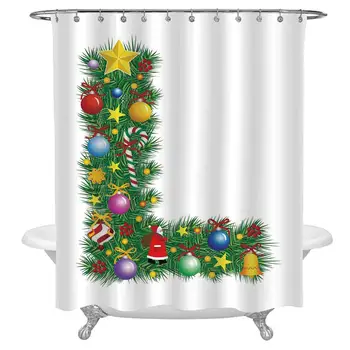 

Letter L Bath Curtain,Pine Tree Design Majuscule L with Christmas Symbols Festivities Celebration Image Decorative Fabric Shower