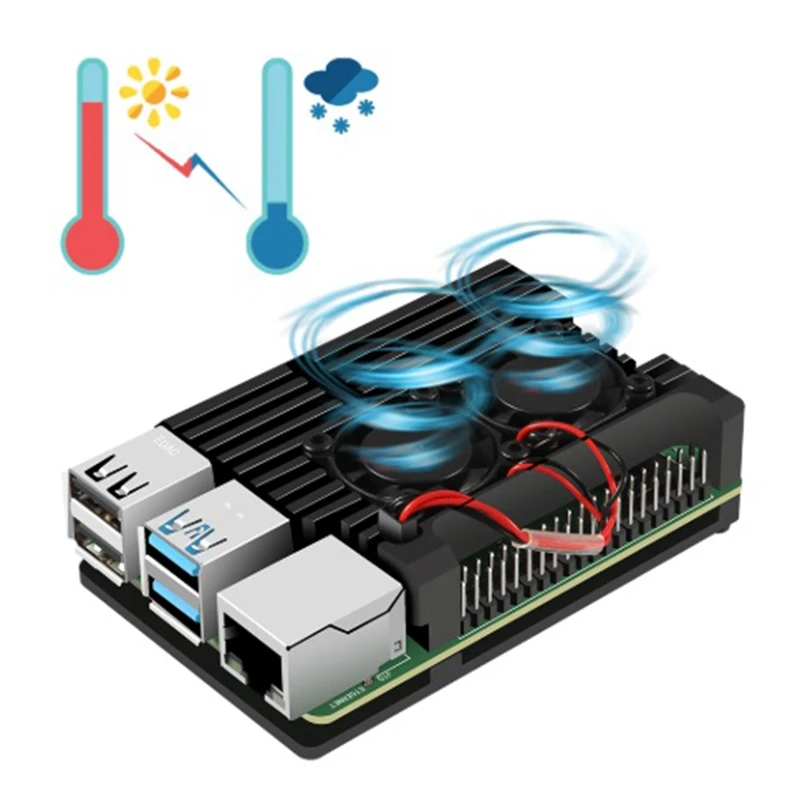Для Raspberry Pi 4 Алюминиевый корпус с двойным охлаждающим вентилятором металлический корпус черный корпус для Raspberry Pi 4 Модель B