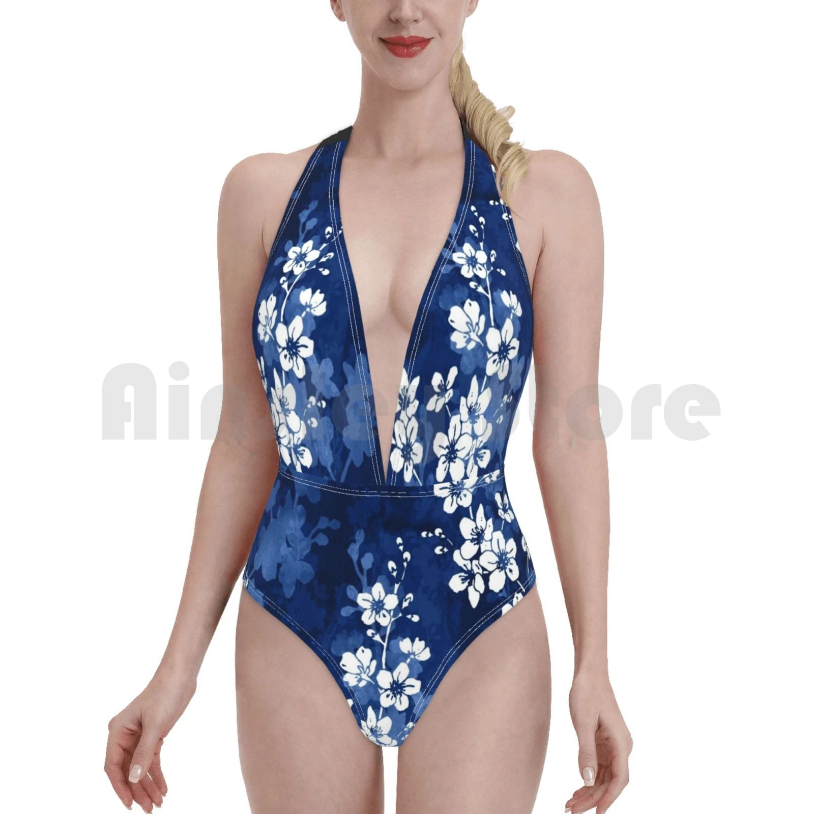 Swimsuit One Piece Sakura Blossom In Deep Blue 761 Sakura Cherry Blossom Japanese Flowers Floral Repeat Bikini Set Aliexpress