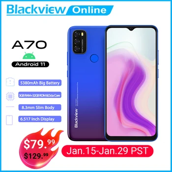 Перейти на Алиэкспресс и купить Blackview A70 Android 11 смартфон 5380 мАч большая Батарея Octa Core, 3 Гб оперативной памяти, Оперативная память + 32 ГБ Встроенная память 6,517 дюймов Дисплей 13MP...