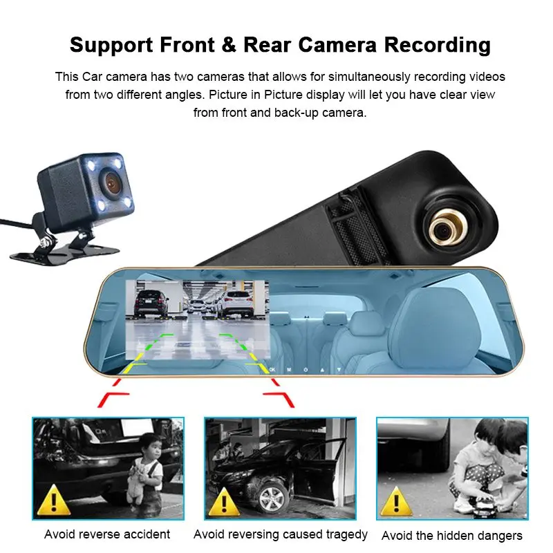 4," Автомобильный видеорегистратор, видеорегистратор, двойной объектив, сенсорное зеркало, цифровой видеорегистратор, монитор, передняя и задняя камера заднего вида, ночное видение