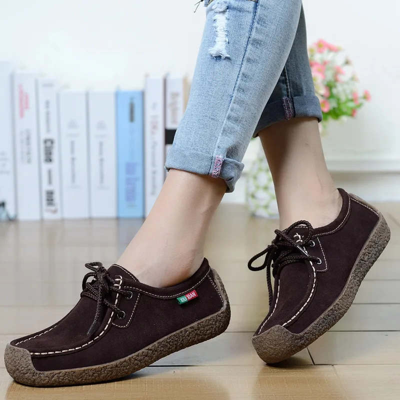 

Women Flats Genuine Leather Loafers Lace Up Soft Moccasins Casual Shoes Ladies Square Toe Female Zapatos Mujer