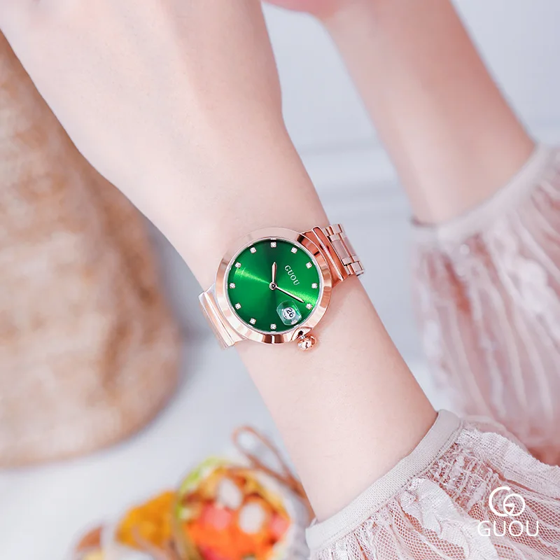 

Hong Kong guou Ladies' Watch Rose Gold Steel Belt Calendar 12 Drill Laser CD Simple Quartz Watch Women's Watch