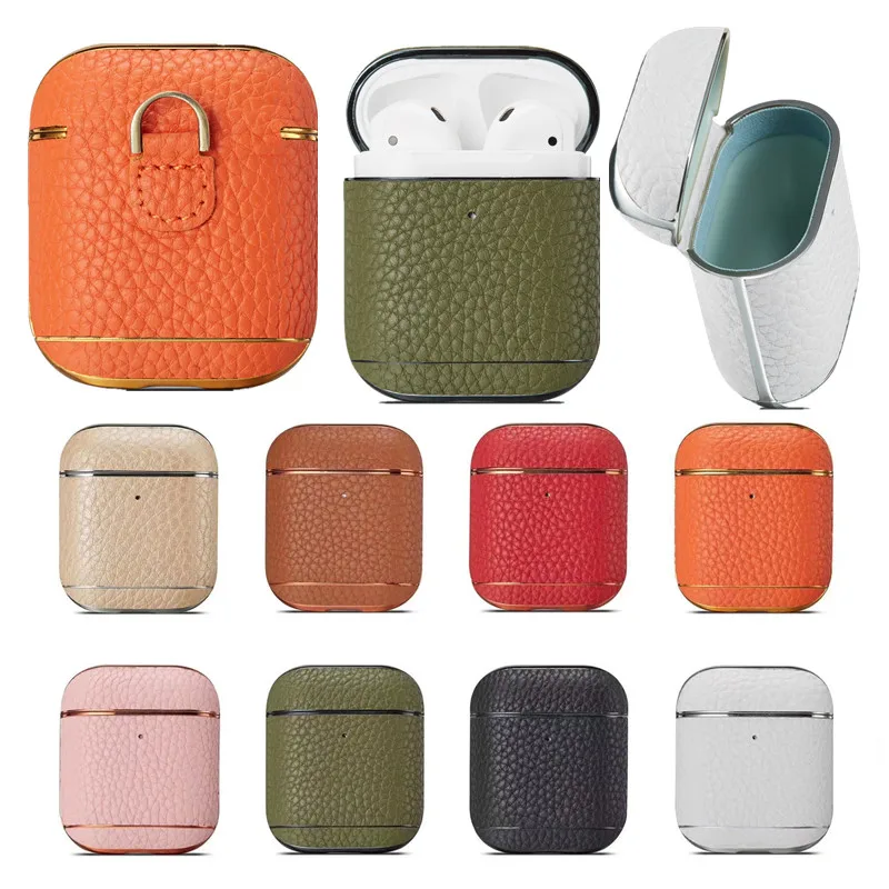 

Genuine Leather Litchi Pattern Earphone Case For AirPods Protective Cover Skin Accessories for Apple Airpods Charging Box