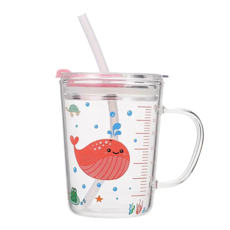 Glass Sipper Cup with Straw and Lid Random Design Cartoon Pattern Drinking  Measuring Glass Mug/Cup