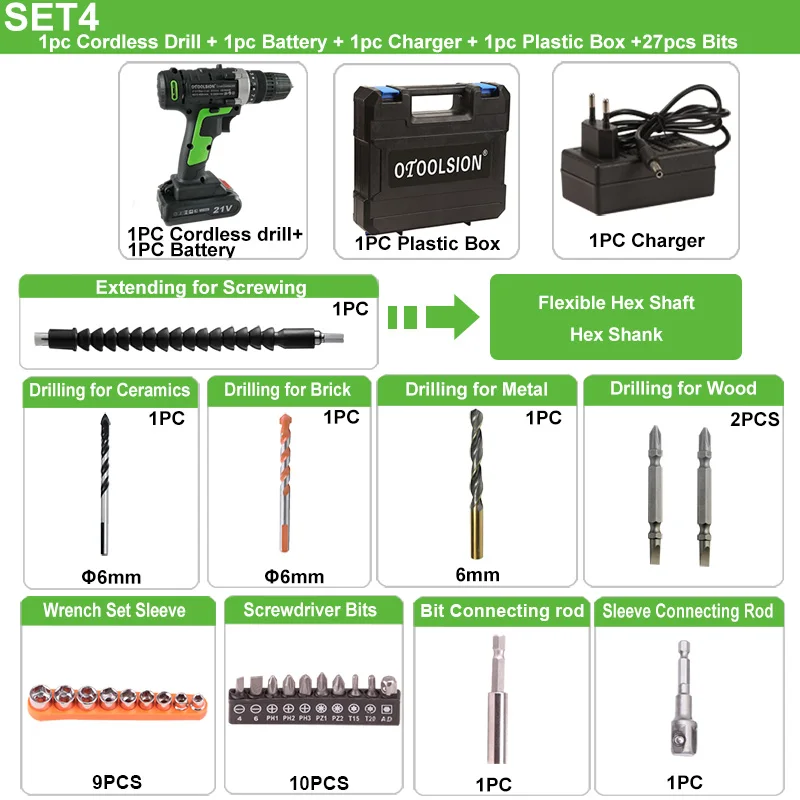 SET4 (1 pc battery) 21 в Аккумуляторная дрель, электрическая отвертка, набор электроинструментов, шуруповерт, электрическая дрель, аккумуляторная электрическая дрель, отвертка электроинструмента - Цвет: SET4 (1 pc battery)