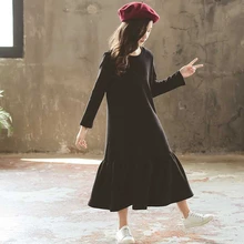 Бархатное зимнее платье для больших девочек теплое осеннее платье для девочек, длинное черное детское платье с длинными рукавами Рождественская детская одежда