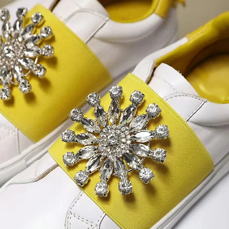 Casual Shoe Hot Brand Designer Leather Woman Shoes Bling Crystal Embellished Woman Sneakers Slip On Mixed Color Flats Women