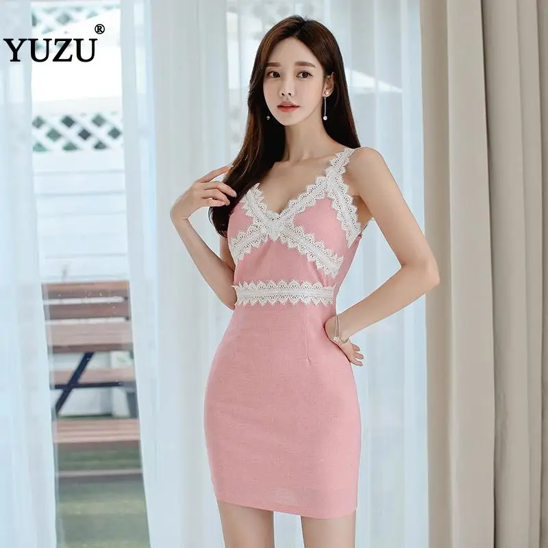 

Sexy Pink Spaghetti Strap Dress Summer 2020 V Neck Sleeveless Lace Office Party Night Patchwork Mini Dresses Korean Style