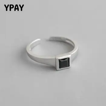 

YPAY 100% Pure 925 Sterling Silver Matte Surface Square Black Zircon Open Rings for Women Korean Fine Party Jewelry Gift YMR787