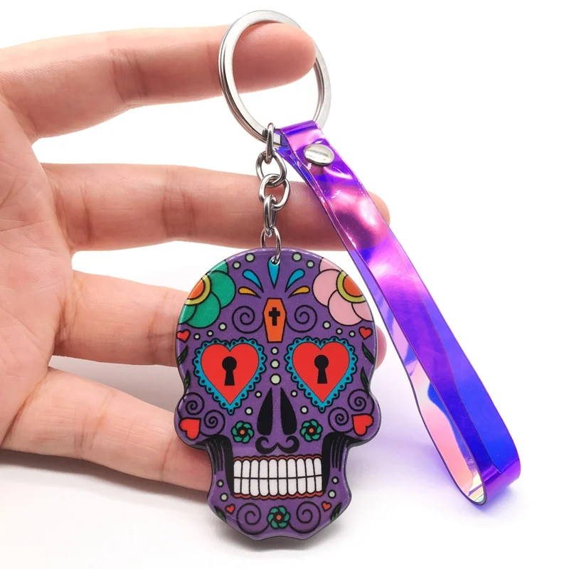 Брелоки Calavera мексиканские причудливые брелки для ключей с черепом пользовательский лазер Dazzle Rope Sugar Skull брелок сумка Шарм сладкий подарок - Цвет: E