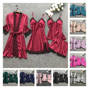 

Women Silk Lace Lingerie Robe Dress Sleepwear Nightdress Pajamas Set Four-piece Nightgown Nightdress Pajama Pants Free Shipping