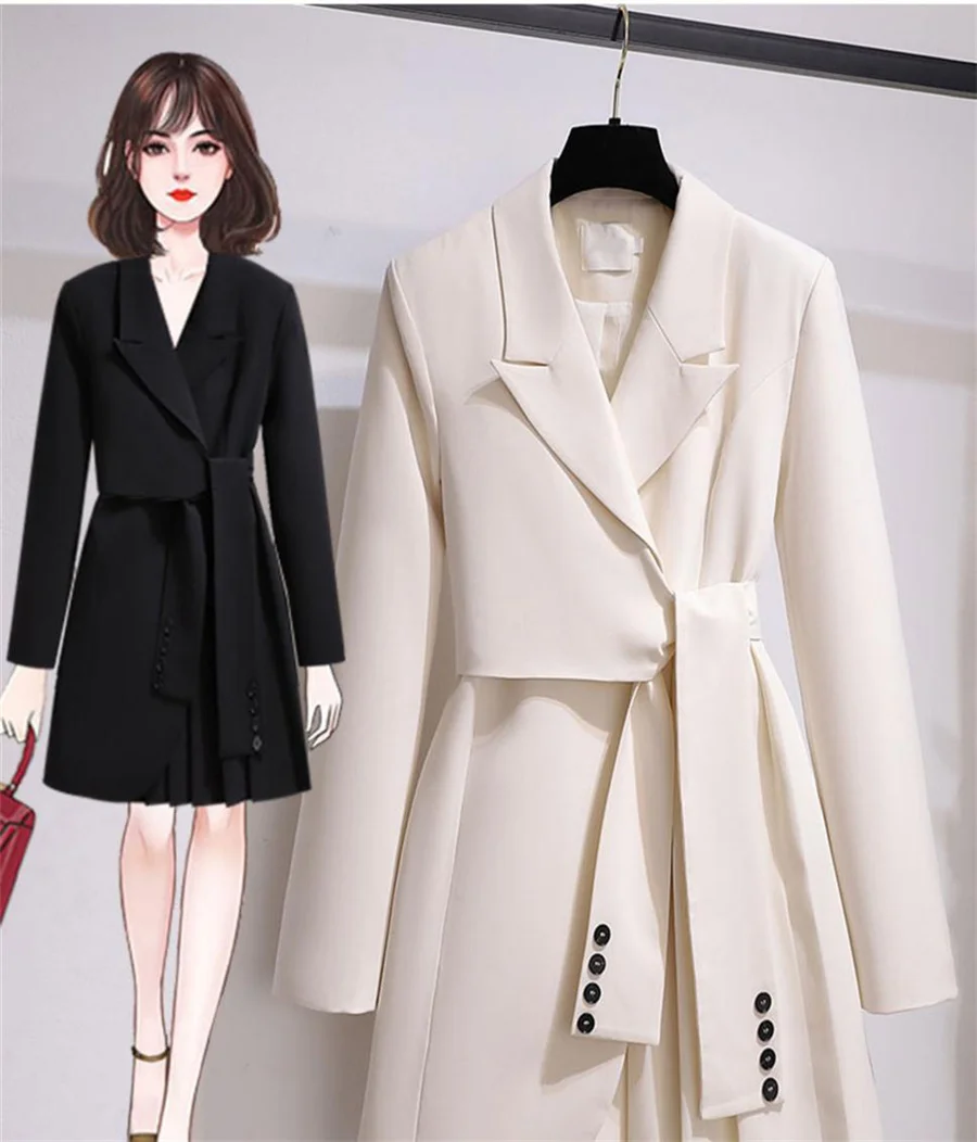 dressy pant suits Elegant Style One Piece Dress Suit Solid Office Women Work Blazer Female Oversized 4XL Blazers Lace Up Mid-length Suit Outerwear ladies pant suits